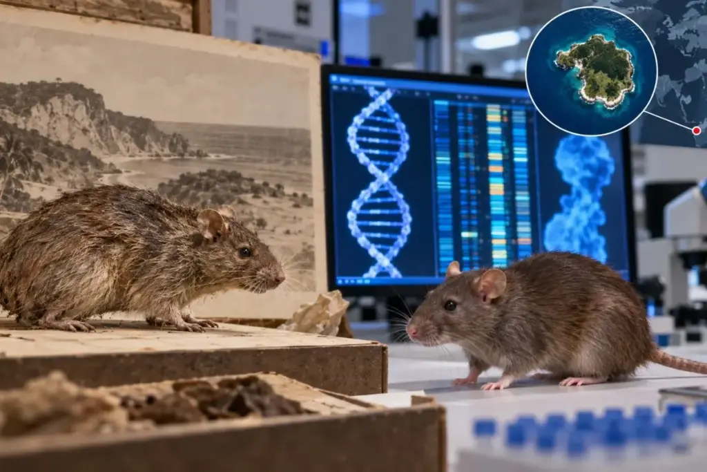 Estudo liderado por pesquisador da Universidade de Copenhague sequenciou o DNA do extinto rato-de-Christmas-Island a partir de peles secas de 1900 a 1902, recuperou 95,15% do genoma do rato-marrom-da-Noruega e concluiu que a divergência evolutiva de 2,6 milhões de anos apaga trechos genéticos e transforma a desextinção em híbrido, nunca em réplica