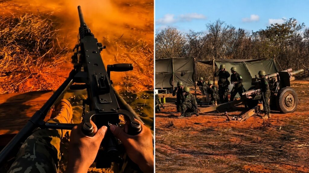 Exército Brasileiro reúne 183 militares em Mato Grosso para treinamento de poder de fogo com obuseiros, morteiros e metralhadoras, colocando à prova precisão, coordenação e resposta das tropas da Brigada Barão de Melgaço em situações próximas às exigidas em ambiente operacional
