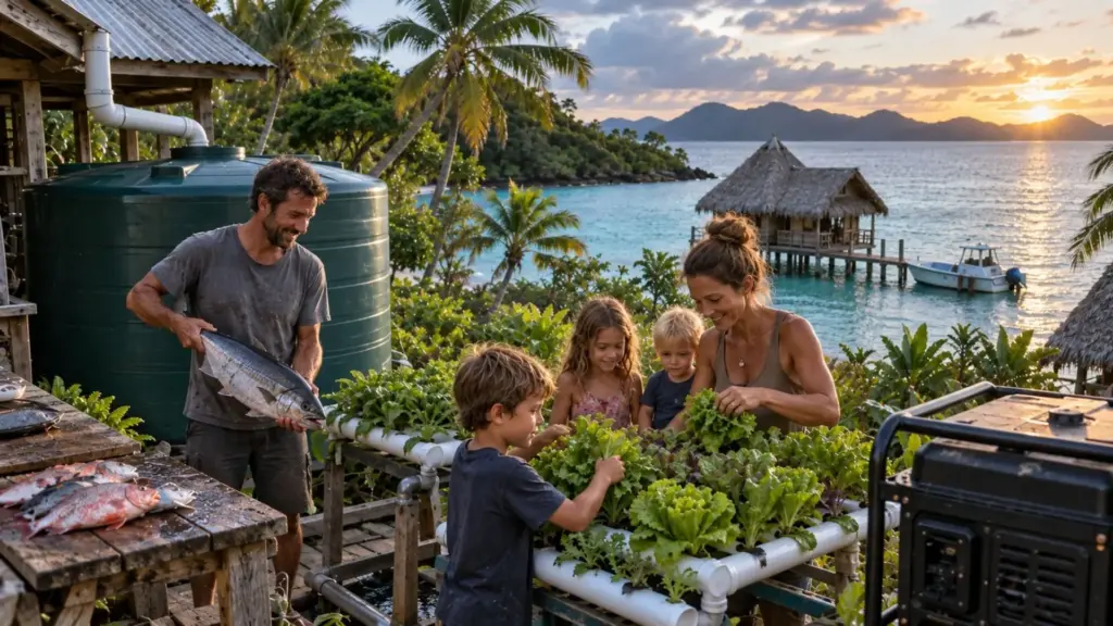 Família com três filhos vive em ilha remota, coleta água da chuva, pesca, cultiva alimentos em sistema hidropônico e administra pequeno resort, enquanto depende de geradores a diesel e enfrenta longos deslocamentos sempre que precisa de atendimento médico
