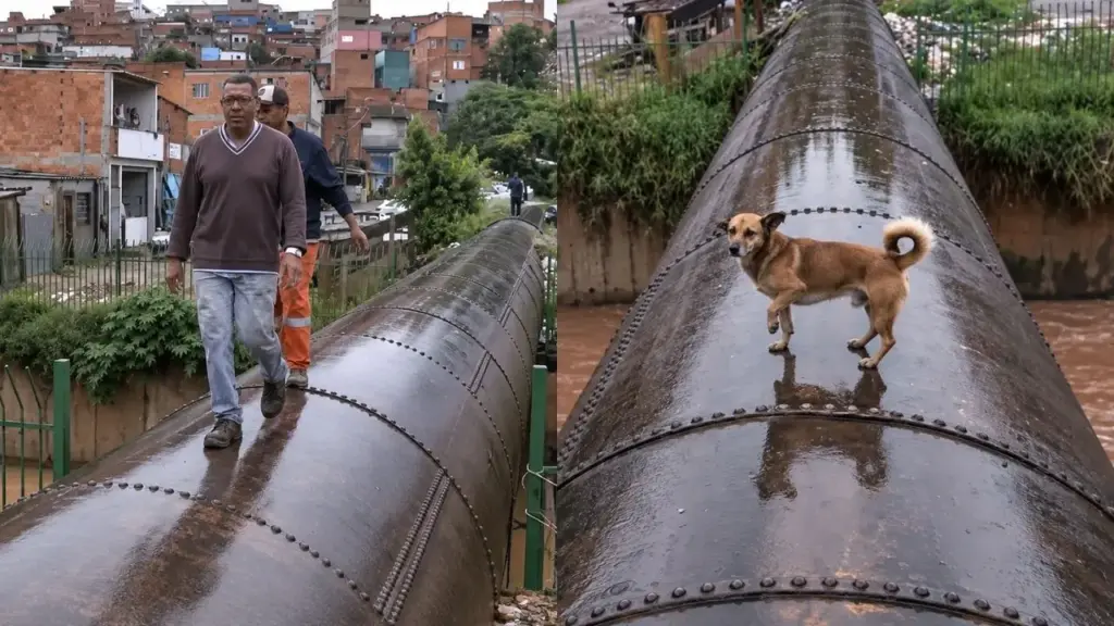 Famílias da Vila Bela transformam um enorme cano sobre córrego em passarela improvisada para chegar ao outro lado do bairro, atravessam sem corrimão carregando crianças, relatam que moradores já caíram e precisam até esperar quem está no meio terminar, enquanto prefeitura prepara obra de uma passagem segura