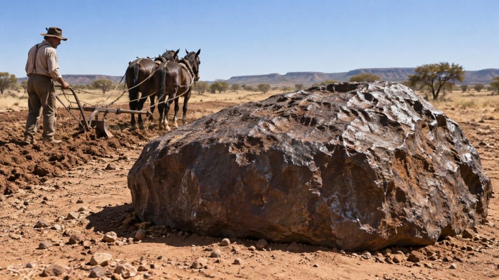 Fazendeiro ara uma lavoura na Namíbia em 1920, sente a lâmina bater em um bloco metálico impossível de mover e descobre o maior meteorito intacto conhecido do planeta; mais de 100 anos depois, a massa de ferro e níquel continua exatamente no mesmo lugar, sem uma cratera evidente ao redor