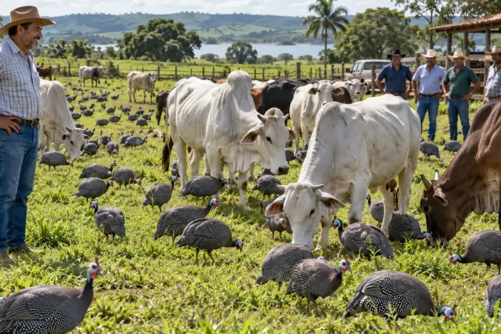 Fazendeiro brasileiro solta 50 galinhas d’angola no pasto por conselho de amigos, as aves passam o dia caçando carrapatos, cigarrinhas e formigas no meio do gado, o plantel cresce para 500 e o pasto limpo vira vitrine, com criadores da região disputando as aves