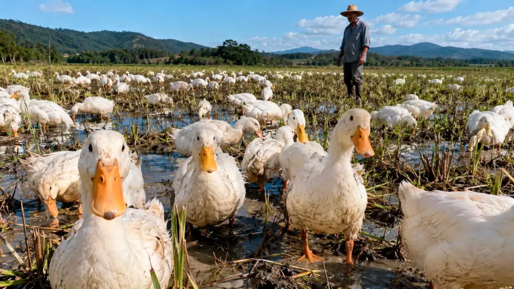Fazendeiro brasileiro solta 200 marrecos em 9 hectares de arroz para baixar custos e diminuir agrotóxicos, colhe 300 sacas a mais que no ano anterior e amplia o plantel para 800 aves espalhadas por 38 hectares, enquanto a Epagri aponta redução de horas de máquina, defensivos e adubos