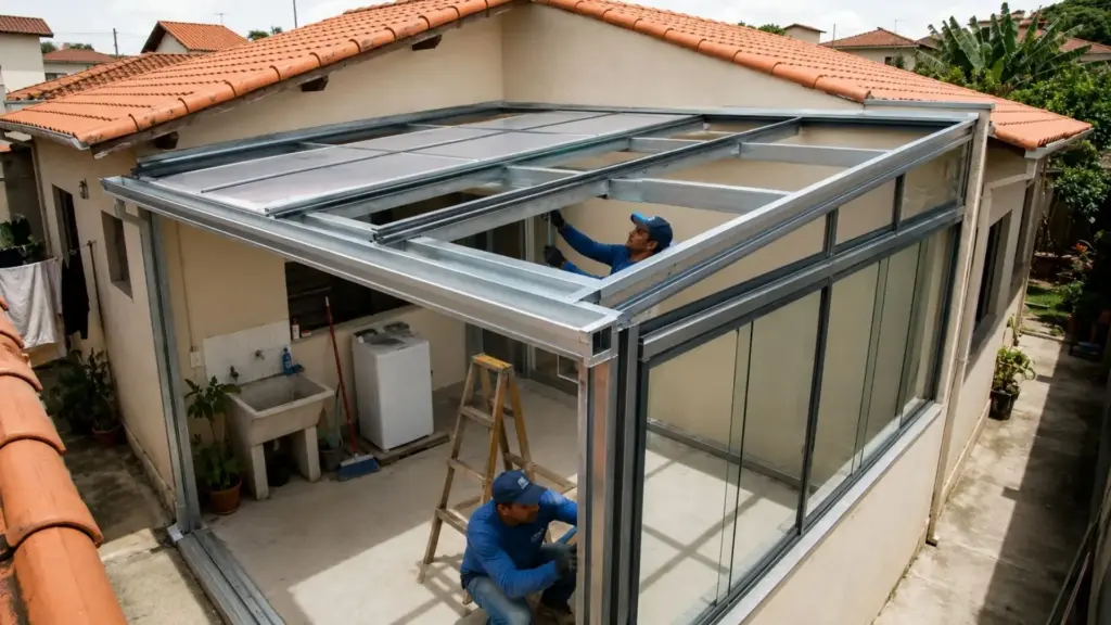 Fechar uma área de serviço de cerca de 6 m² com telha, estrutura e vidro pode custar de R$ 5 mil a mais de R$ 10 mil, dependendo do acabamento, e transformar um espaço exposto à chuva em ambiente mais funcional que pode aumentar a atratividade do imóvel na venda ou locação