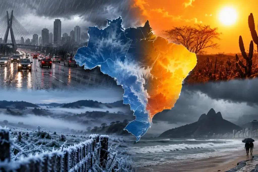 Feriado de 7 de Setembro com o Brasil partido ao meio: frente fria despeja temporais em São Paulo e no Rio no fim de semana, massa polar derruba a capital paulista para 10°C na segunda-feira com máxima de só 13°C e geada ameaça o Sul, enquanto Tocantins beira os 40°C e Teresina vai a 38°C