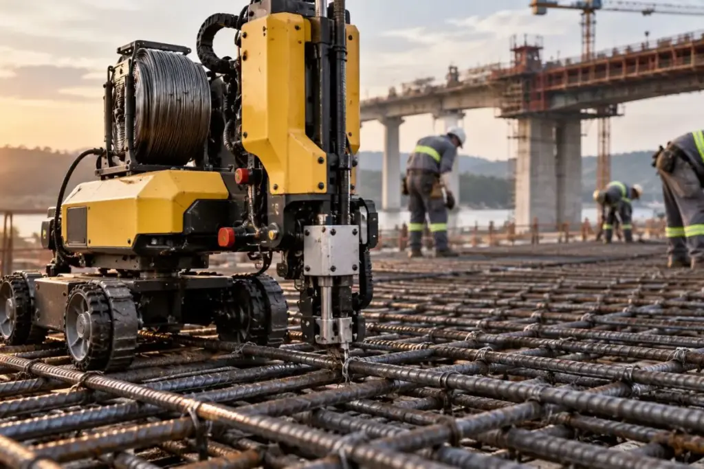 Fim dos ferreiros de obra: o robô que amarra 1.100 nós de vergalhão por hora, entrega sozinho o serviço de 4 a 6 armadores que fazem de 150 a 250 nós e promete cortar 25% do cronograma das pontes