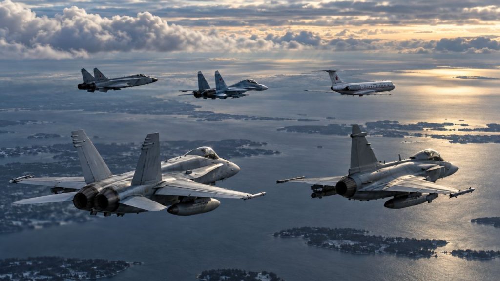 Finlândia e Suécia mobilizam caças Hornet e Gripen para interceptar formação russa com MiG-31, Su-30 e Tu-134 sobre o Golfo da Finlândia em missão conjunta inédita