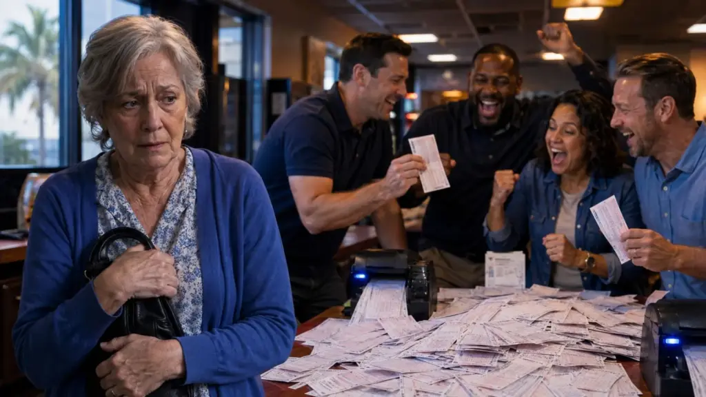 Funcionária de 72 anos participa durante nove anos do bolão do trabalho, falta justamente no dia em que os colegas ganham US$ 16 milhões, afirma que outro empregado adiantou seu US$ 1, devolve o valor e recorre à Justiça quando o grupo se recusa a dividir o prêmio