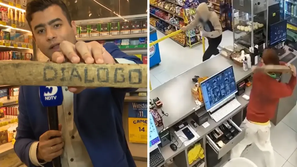 Funcionário de 18 anos reage a assalto em comércio, pega uma barra de madeira com a palavra “diálogo” gravada, entra em luta corporal com o suspeito e consegue fazê-lo fugir de bicicleta, enquanto câmeras registram toda a ação e o homem acaba preso uma semana depois
