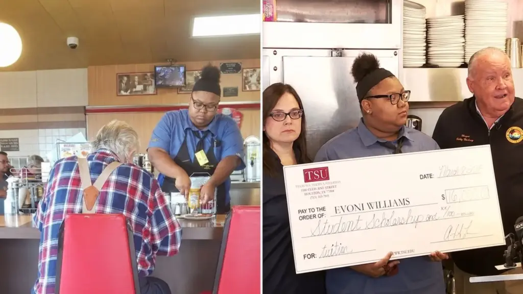 Garçonete de 18 anos percebe que cliente de 78 anos ligado a um cilindro de oxigênio não conseguia movimentar as mãos, interrompe o atendimento para cortar o presunto do prato dele e acaba recebendo uma bolsa universitária de US$ 16 mil depois que o gesto é fotografado