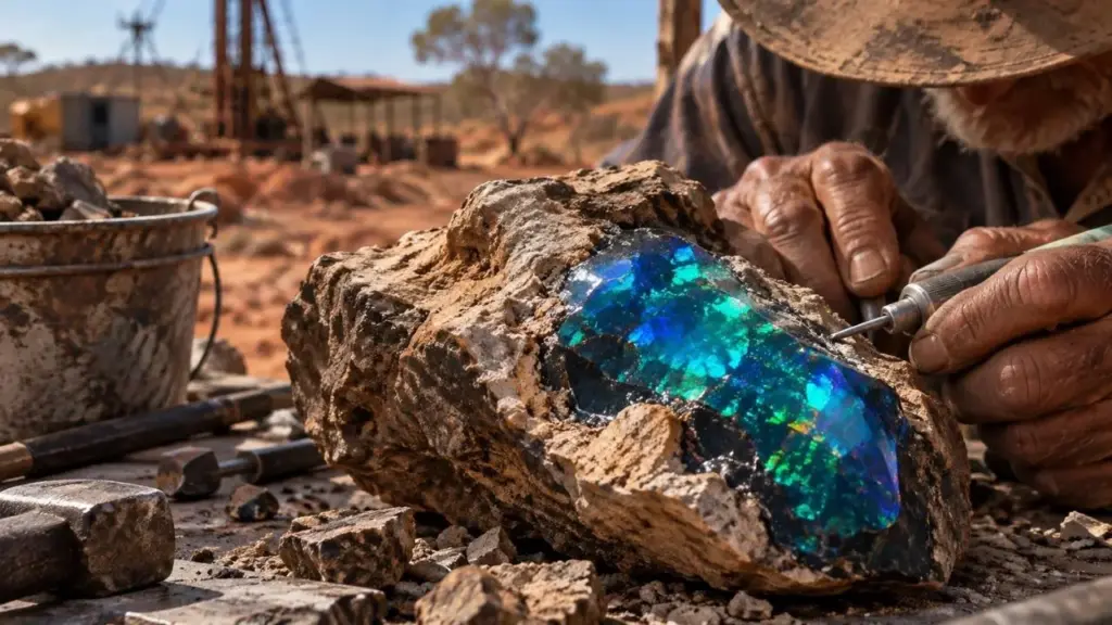 Garimpeiro australiano vende as ferramentas e se aposenta após anos procurando opalas, mas recebe um último balde de terra e encontra uma opala negra de 306 quilates, passando 6 meses retirando a rocha com broca de dentista até revelar em Lightning Ridge uma das gemas mais extraordinárias do mundo Garimpeiro australiano vende as ferramentas e se aposenta após anos procurando opalas, mas recebe um último balde de terra e encontra uma opala negra de 306 quilates, passando 6 meses retirando a rocha com broca de dentista até revelar em Lightning Ridge uma das gemas mais extraordinárias do mundo