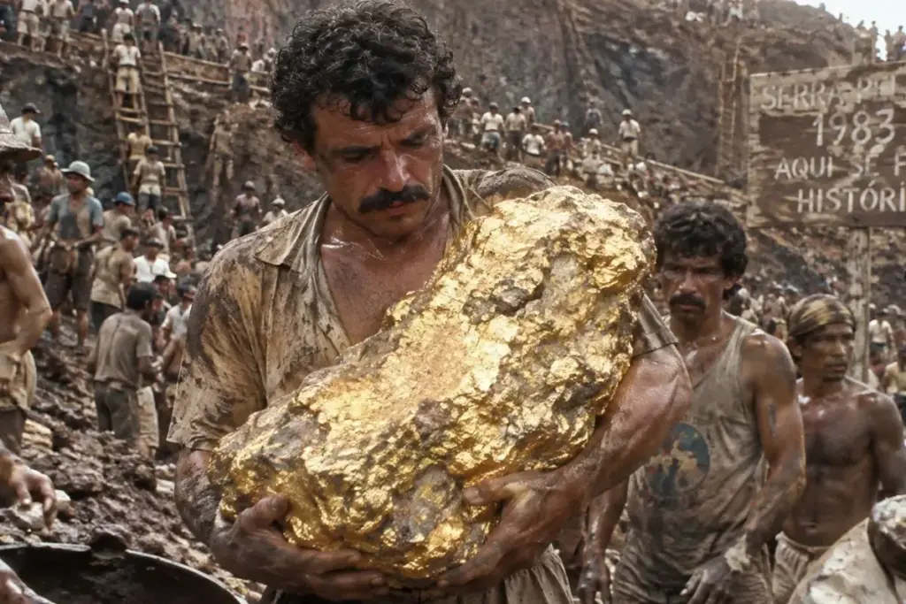 Garimpeiro encontra em 13 de setembro de 1983, em Serra Pelada, uma pepita de 60,8 quilos com 56,61 quilos de ouro puro, parte de uma pedra de 150 quilos que se quebrou na retirada, e o achado de Júlio de Deus Filho vira a maior pepita em exposição no mundo, comprada pelo Banco Central