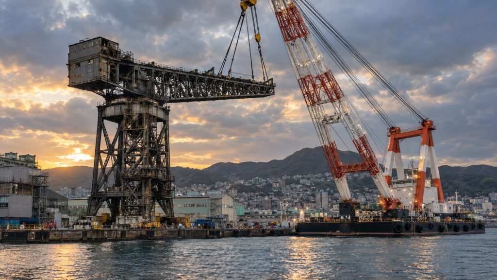 Guindaste de 1909 terá parte superior baixada por guindaste flutuante para expor desgaste oculto e orientar sua preservação no estaleiro de Nagasaki