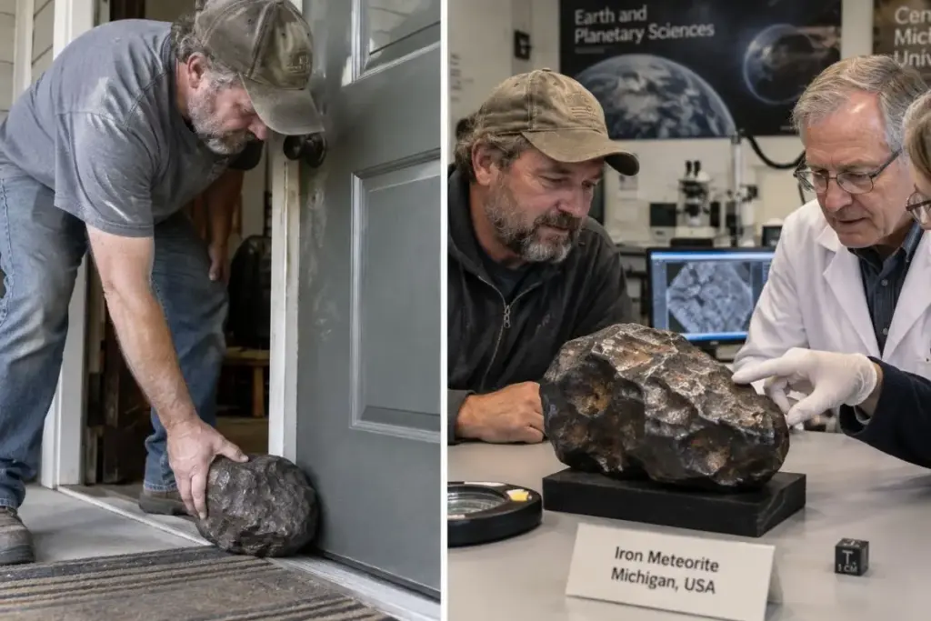 Homem usou por 30 anos a mesma pedra de 10 quilos para escorar a porta, decidiu levá-la à universidade em 2018 depois de ver que vendiam pedaços de meteoritos e descobriu que o calço era um meteorito de ferro avaliado em US$ 100 mil, o sexto maior já achado no Michigan