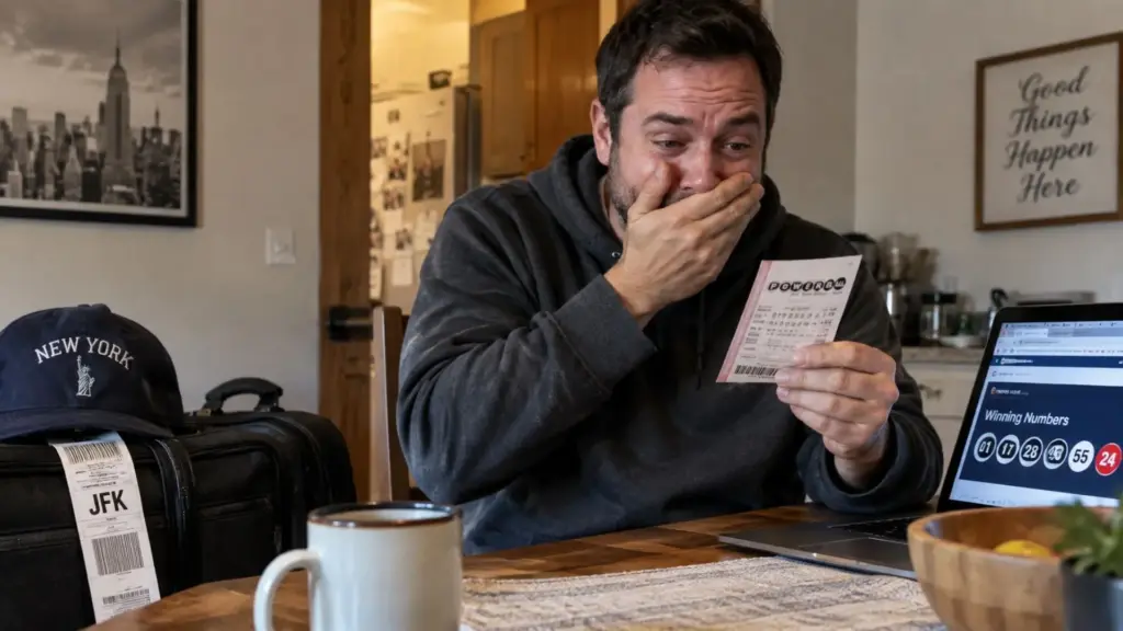 Homem volta de viagem e descobre que alguém de sua pequena cidade ganhou US$ 1 milhão e olha para o bilhete de US$ 2 deixado sobre a mesa antes de perceber que o milionário era ele; após impostos, recebeu US$ 720.101