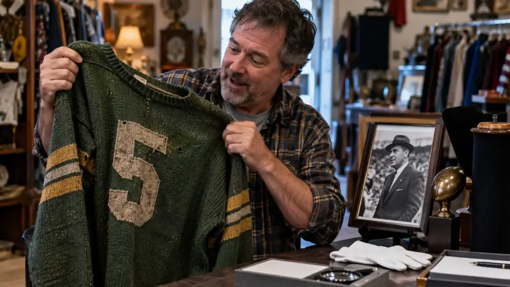 Homem paga apenas R$ 3 por um suéter antigo em brechó, reconhece meses depois a peça em documentário sobre Vince Lombardi, confirma a origem pela etiqueta e vê a roupa ser vendida em leilão por cerca de R$ 220 mil