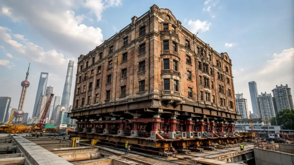 China surpreende o mundo ao mover prédio de 12 mil toneladas em apenas 18 dias, usando 28 macacos hidráulicos para deslocar a estrutura 38 metros com precisão de ±2 mm China surpreende o mundo ao mover prédio de 12 mil toneladas em apenas 18 dias, usando 28 macacos hidráulicos para deslocar a estrutura 38 metros com precisão de ±2 mm
