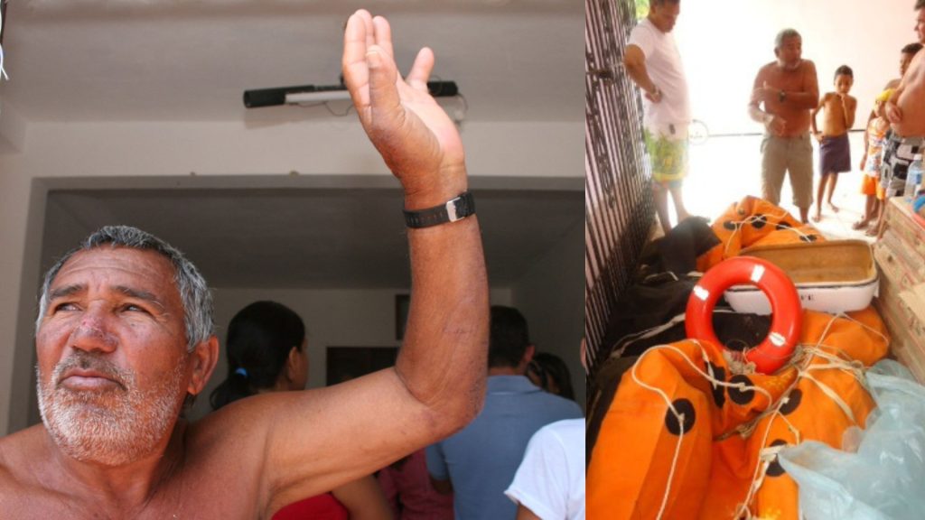 Brasileiro sai para pescar atum, vê motor do barco quebrar no Atlântico, cai no mar ao tentar recuperar um bote salva-vidas e passa 8 dias à deriva sobre uma boia e um bote semi-inflado com 16 barras de cereal e meio litro de água até ser encontrado a cerca de 100 km da costa; no último dia, já havia consumido toda a comida e tomado o último gole de água Brasileiro sai para pescar atum, vê motor do barco quebrar no Atlântico, cai no mar ao tentar recuperar um bote salva-vidas e passa 8 dias à deriva sobre uma boia e um bote semi-inflado com 16 barras de cereal e meio litro de água até ser encontrado a cerca de 100 km da costa; no último dia, já havia consumido toda a comida e tomado o último gole de água