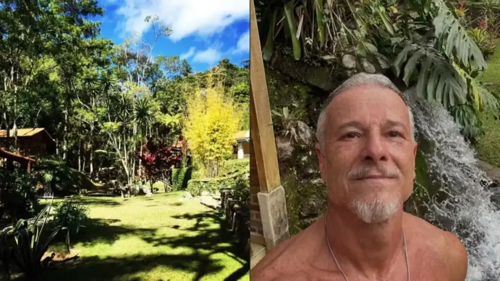 Aos 64 anos, Marcello Novaes mantém um sítio na serra do Rio, onde construiu cachoeira com água de nascente, preserva horta orgânica, produz adubo com composteiras e mantém galinhas, oficina de marcenaria, piscina de ondas, área para exercícios e casa de dois quartos frequentada pelos filhos Aos 64 anos, Marcello Novaes mantém um sítio na serra do Rio, onde construiu cachoeira com água de nascente, preserva horta orgânica, produz adubo com composteiras e mantém galinhas, oficina de marcenaria, piscina de ondas, área para exercícios e casa de dois quartos frequentada pelos filhos