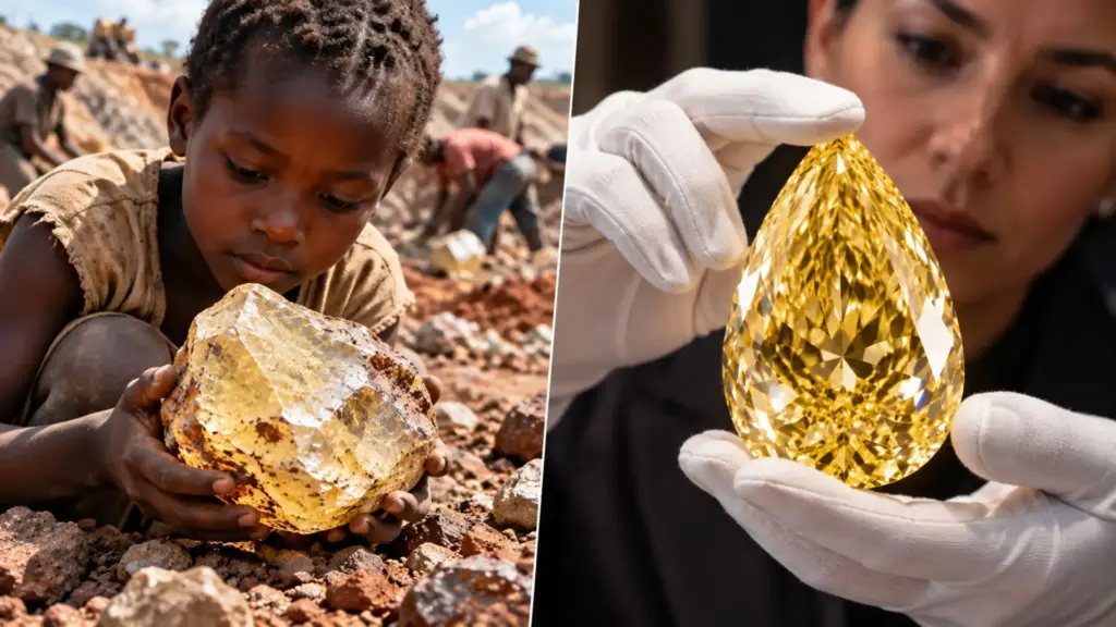 Menina encontra no início dos anos 1980, no Congo, um diamante bruto de 890 quilates em uma pilha de entulho, pedra que rende 15 gemas, com a maior delas recortada até 303,10 quilates, e o achado vira o maior diamante internamente sem falhas já graduado pelo GIA, vendido por US$ 12,4 milhões