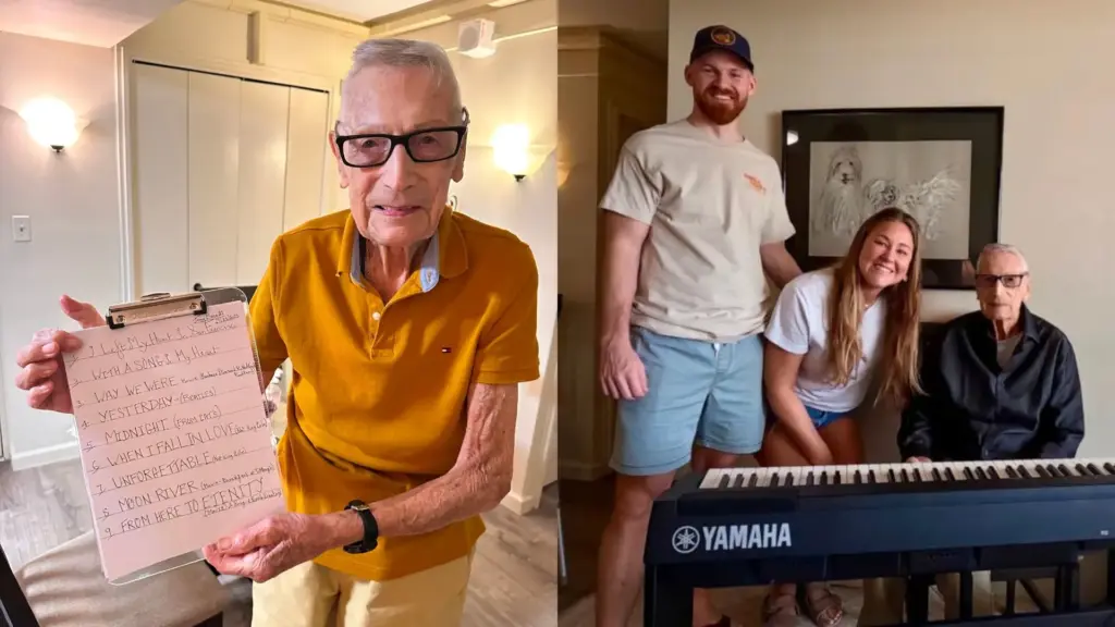 Casal se muda para apartamento novo e conhece o vizinho de 95 anos quando ouve música atravessar a parede e bate à porta para descobrir quem tocava piano, percebe que o viúvo tinha perdido a esposa no ano anterior e o inclui na rotina da casa, com pizza, cerveja e show de piano garantidos todos os meses