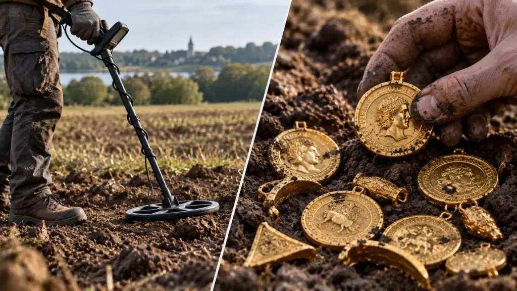 Homem testa detector de metais recém-comprado no terreno de um ex-colega, ouve um sinal claro e encontra 795,6 g de ouro enterrados havia cerca de 1.500 anos, revelando 23 peças e um dos maiores tesouros de ouro já conhecidos na Dinamarca