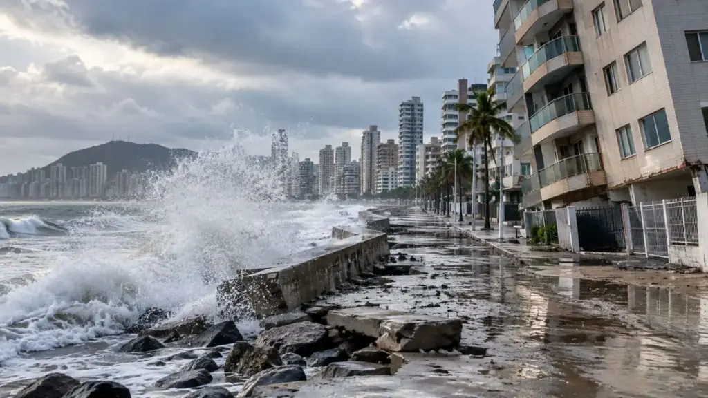 Cidade brasileira está sendo invadida pelo mar, prédios estão tortos e solução pode custar R$ 200 milhões para conter alagamentos, modernizar drenagem e proteger mais de 200 mil moradores nos próximos anos Cidade brasileira está sendo invadida pelo mar, prédios estão tortos e solução pode custar R$ 200 milhões para conter alagamentos, modernizar drenagem e proteger mais de 200 mil moradores nos próximos anos