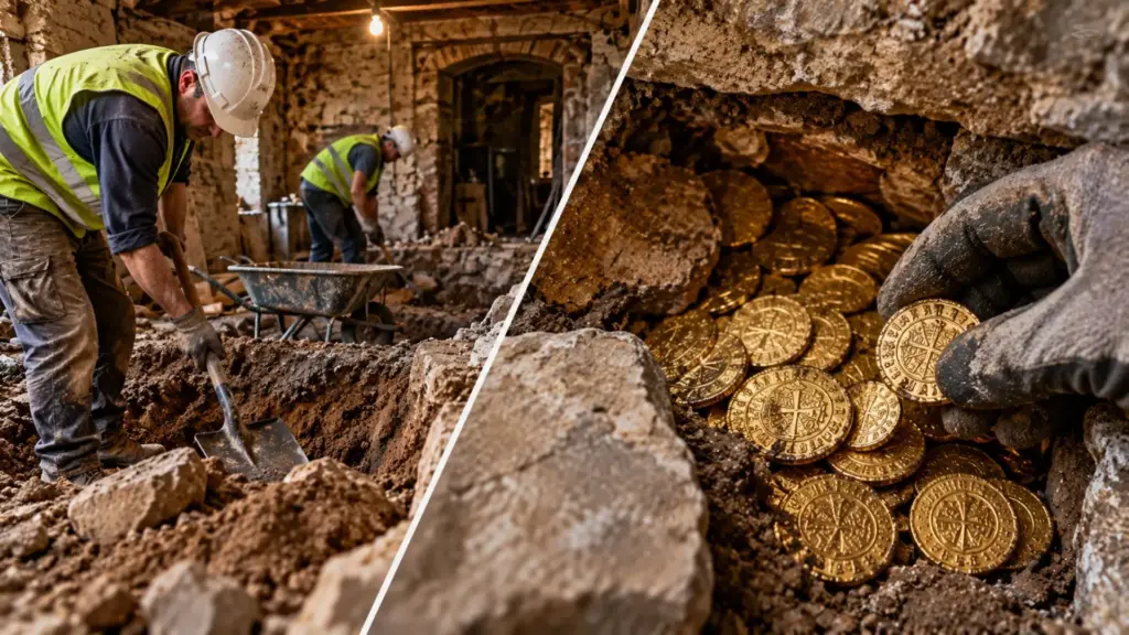 Operários escavam fundação durante obra, terreno cede e revela uma adega esquecida onde encontram 59 moedas de ouro escondidas atrás de uma pedra, tesouro de 1604 a 1619 volta a leilão em 2026 com 9 peças e alcança cerca de R$ 179 mil