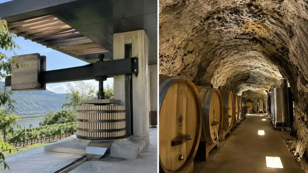 Casal compra um túnel antiaéreo abandonado e, ao instalar uma prensa sobre um antigo pomar, ocupa 600 m² de terreno, cria 50 m² de área construída com um contrapeso de 6 toneladas e transforma o espaço numa adega subterrânea onde o vinho chega aos barris por uma perfuração na rocha