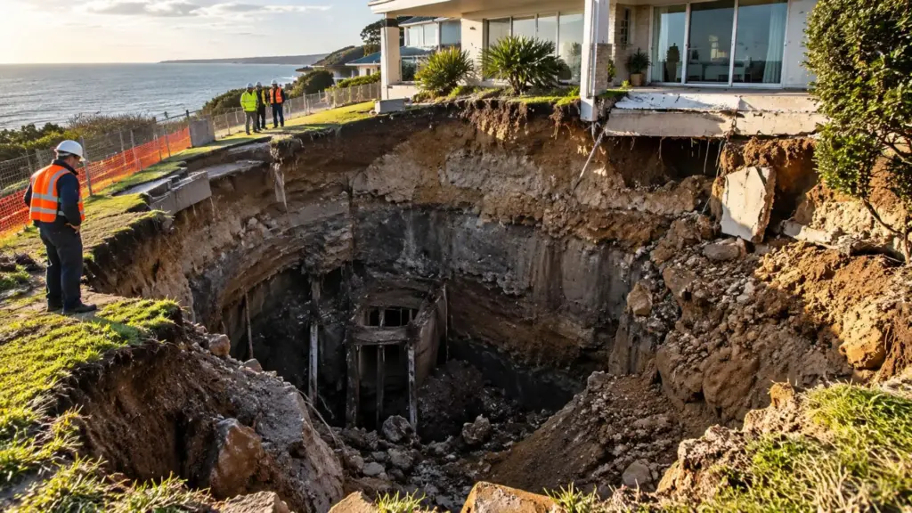 Buraco de até 15 metros se abriu sob casa à beira-mar em Swansea Heads e revelou antigo poço de mina; outra cratera surgiu duas casas adiante no dia seguinte