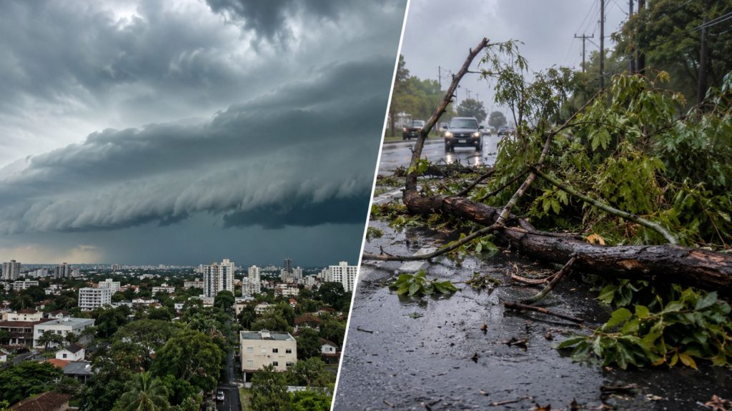 Frente fria avança sobre o Sul e Inmet alerta para tempestades com até 100 mm de chuva, ventos fortes, granizo e risco de quedas de árvores após ciclone na Argentina
