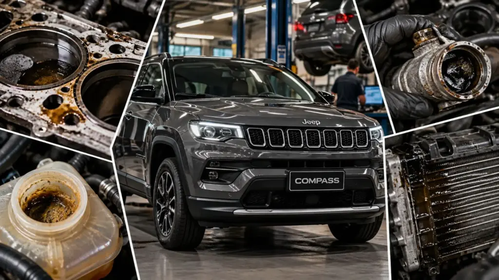 Proprietária de Jeep Compass Longitude T270 com 37,9 mil km percebe vazamento menos de 2 meses após revisão e leva SUV à concessionária em São Paulo; na oficina, diagnóstico aponta componentes do sistema de arrefecimento e motor semi-completo e orçamento encosta nos R$ 67 mil