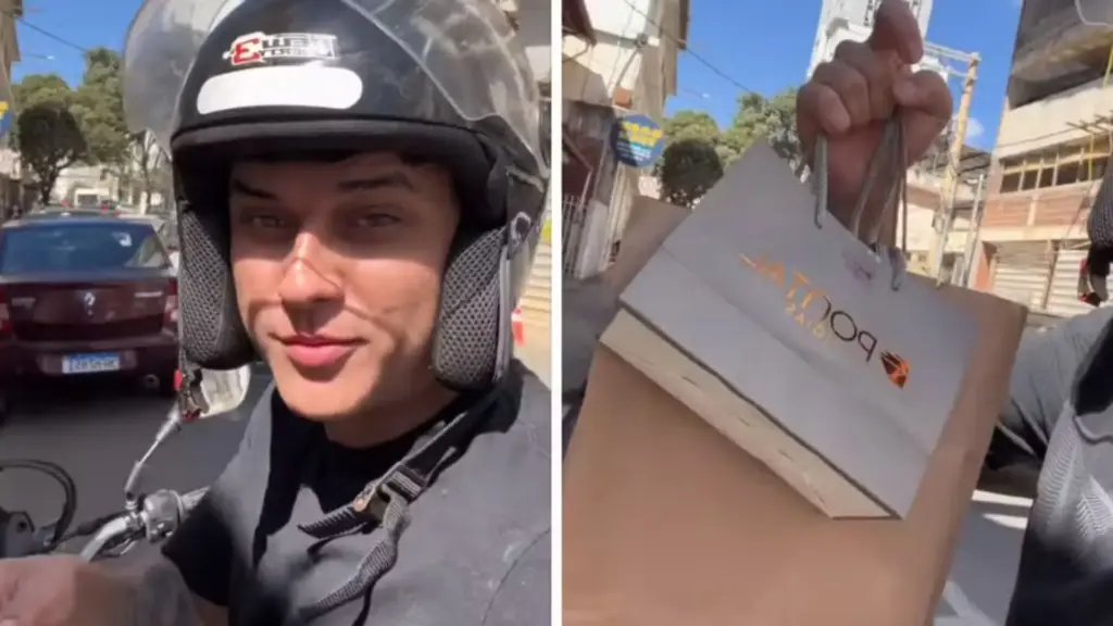 Entregador descobre que encomenda é presente para ex-namorada e reação viraliza: no primeiro dia como motoboy, João Vitor reconheceu o endereço só ao chegar e o vídeo já ultrapassou 1,3 milhão de visualizações