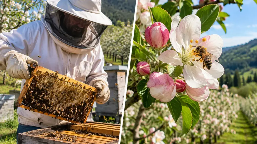 Fruticultor brasileiro coloca 8 a 10 colmeias por hectare no pomar por orientação da Epagri, as abelhas passam o dia polinizando flores no meio das macieiras, a produtividade cresce até 25% e o apiário chega a 450 colmeias, com agricultores da região alugando 300 por ano