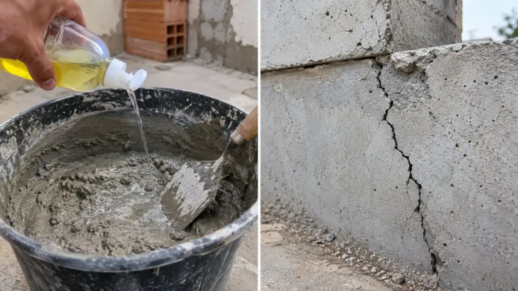 Misturar detergente no concreto parece gambiarra, mas o truque separa reparo útil de erro caro: 1 a 2 colheres por 20 litros mudam a massa; em excesso, o prejuízo pode aparecer meses depois