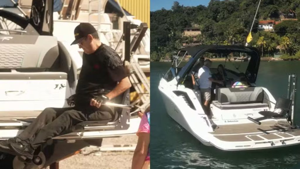 Cadeirante realiza sonho de navegar em lancha de 8,58 metros fabricada em Santa Catarina, adaptada com sistema inédito que suporta até 150 kg e leva o passageiro do píer direto para o mar