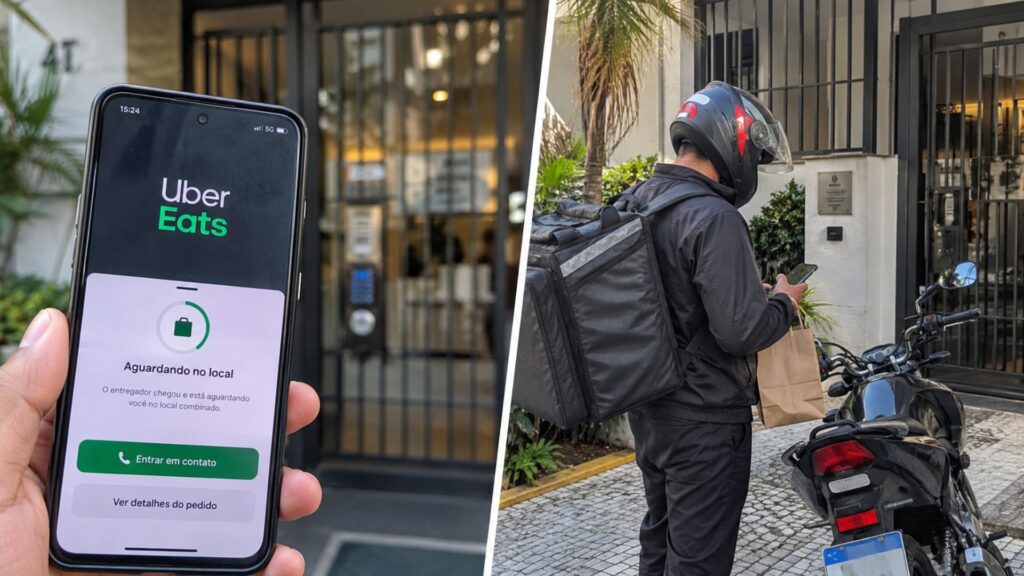 Após oito minutos de espera diante de prédio trancado, cliente não responde a ligações e mensagens para buscar o próprio pedido, entregadora vigia o cronômetro do Uber Eats, aciona o suporte, fica com a comida e suspeita de tentativa de obter a refeição de graça