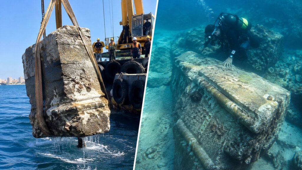 Grupo encontra um dos maiores tesouros da humanidade: após séculos sob o Mediterrâneo, arqueólogos içam blocos de até 80 toneladas a quase 10 metros de profundidade e iniciam uma reconstrução digital inédita