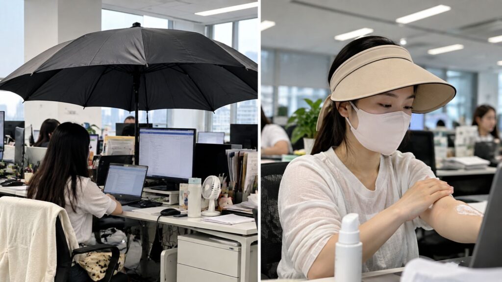 Funcionários chineses estão trabalhando debaixo de guarda-sóis nos escritórios para fugir do ‘envelhecimento no escritório’, fenômeno que ganhou força nas redes sociais e levou trabalhadores a usar máscaras, chapéus e protetor solar durante o expediente Funcionários chineses estão trabalhando debaixo de guarda-sóis nos escritórios para fugir do ‘envelhecimento no escritório’, fenômeno que ganhou força nas redes sociais e levou trabalhadores a usar máscaras, chapéus e protetor solar durante o expediente