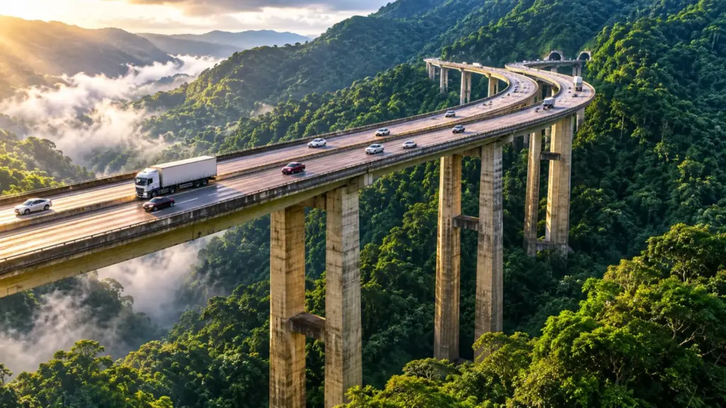 A rodovia brasileira que ganhou fama mundial ao cortar montanhas com viadutos de até 70 metros sobre a Mata Atlântica e 20 km de curvas suaves que reduzem riscos sob neblina e fazem percurso virar referência em engenharia