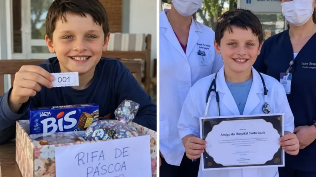Aos 9 anos, menino cria rifa em cidade brasileira, vende mais de 200 números, junta R$ 2.030 com apoio da família e faz entrega simbólica da doação ao hospital da cidade para ajudar a comprar medicamentos para pacientes