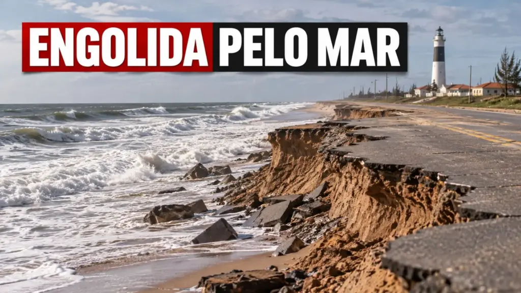 Cidade brasileira está sendo engolida pelo mar, estrada está sendo tomada e solução pode custar R$ 150 milhões para conter erosão, criar novo acesso e evitar isolamento, mas ainda depende de verba e autorizações Cidade brasileira está sendo engolida pelo mar, estrada está sendo tomada e solução pode custar R$ 150 milhões para conter erosão, criar novo acesso e evitar isolamento, mas ainda depende de verba e autorizações