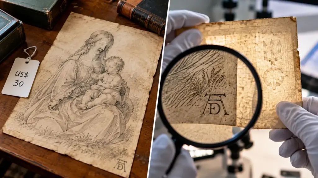 Homem de Massachusetts paga US$ 30 por desenho em venda de espólio, guarda a peça e tenta vendê-la a especialistas, até descobrir que pode ter comprado um Albrecht Dürer, após análises identificarem monograma e marca-d’água compatíveis com o artista, obra chega a ter valor estimado em até US$ 50 milhões