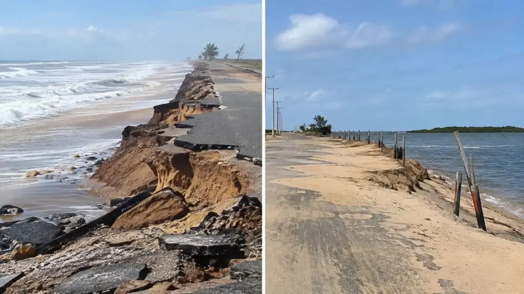 Cidade brasileira está sendo invadida pelo mar, estrada está sendo destruída e solução pode custar R$ 150 milhões para conter erosão, restabelecer acesso e proteger ligação costeira nos próximos anos