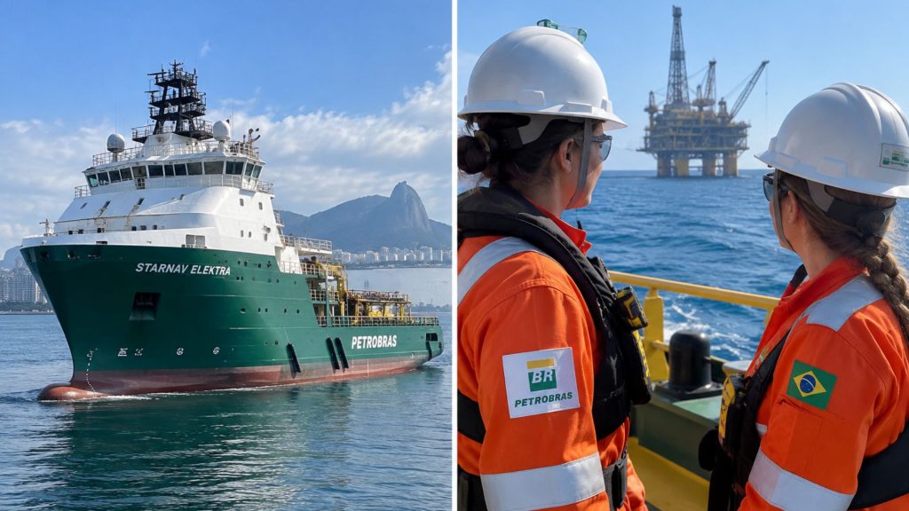 Petrobras coloca na água primeiro navio com tripulação 100% feminina, investimento de R$ 450 milhões e 92 metros, que levará combustível, água e equipamentos a 8 plataformas que produzem 1 milhão de barris por dia