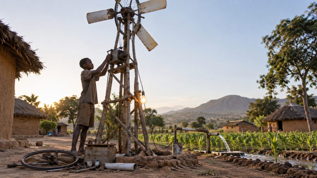 Adolescente abandona a escola durante uma fome no Malawi, encontra um livro em inglês na biblioteca e usa bicicleta, canos e peças descartadas para construir o moinho que levou eletricidade e água à própria comunidade