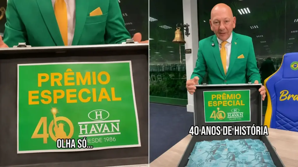 Luciano Hang anuncia prêmio especial para mais de 25 mil colaboradores da Havan pelos 40 anos da empresa, lembra que pagou R$ 500 nos dois últimos anos e mantém o novo valor em segredo, enquanto pede aos seguidores que tentem adivinhar quanto cada funcionário receberá desta vez