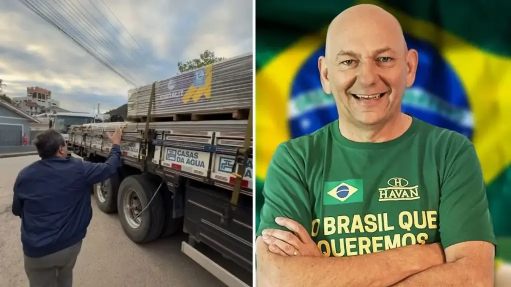 Luciano Hang, dono da Havan, doa R$ 50 mil em telhas após temporal de granizo danificar mais de 4 mil imóveis em Biguaçu, envia caminhões com o material para ajudar famílias a reconstruir os telhados e recebe agradecimento emocionado do prefeito durante a entrega na cidade mais atingida da Grande Florianópolis