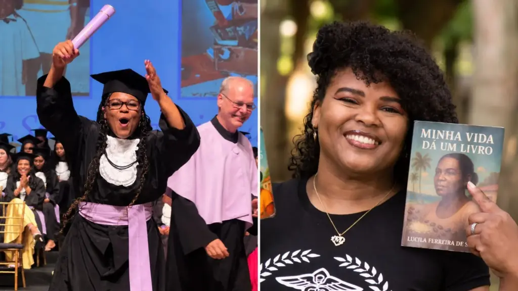 Mãe de três filhos retoma os estudos aos 40 anos, passa em segundo lugar para Pedagogia na UERJ, concilia faculdade com trabalho e maternidade e, aos 45, se forma com a própria trajetória transformada em TCC e publicada em livro