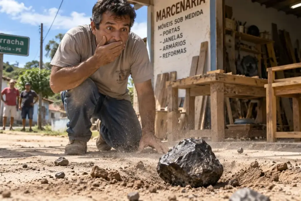 Marceneiro trabalha na frente da oficina às 15h de 21 de setembro de 2013 quando uma pedra de 1,547 quilo despenca do céu a menos de 1 metro dele, no povoado Borracha, em Vicência, e o susto de Adeildo Silva vira o meteorito batizado com o nome da cidade pernambucana, disputado por colecionadores e estudado por cientistas Marceneiro trabalha na frente da oficina às 15h de 21 de setembro de 2013 quando uma pedra de 1,547 quilo despenca do céu a menos de 1 metro dele, no povoado Borracha, em Vicência, e o susto de Adeildo Silva vira o meteorito batizado com o nome da cidade pernambucana, disputado por colecionadores e estudado por cientistas